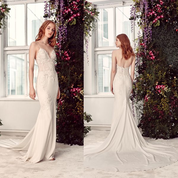 

modern mermaid rita vinieris wedding dresses spaghetti sleeveless satin applique sequins wedding gown sweep train custom robe de mariÃ©e, White