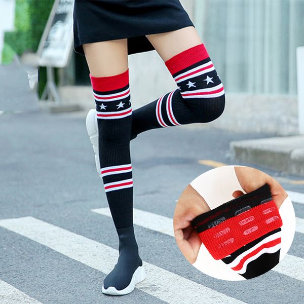 

women long stockings star striped pattern rib anti-slip over knee socks autumn teenage girls outdoor wear thigh stockings, Black