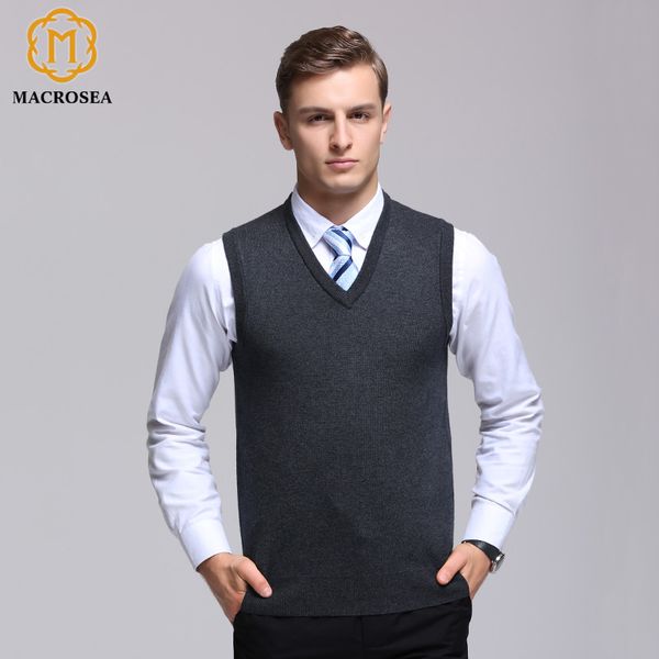 

macrosea male winter wool pullover men's brand v-neck sleeveless sweaters pure color comfortable formal business knitted vest, Black;white