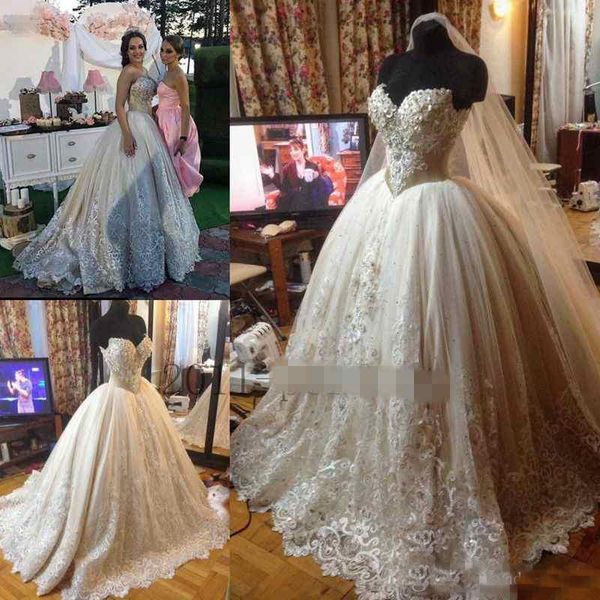 

Sweetheart Rhinestones Beads Wedding Dresses Modest Puffy Ball Gowns Lace Garden Country Wedding Bridal Gown Custom Made