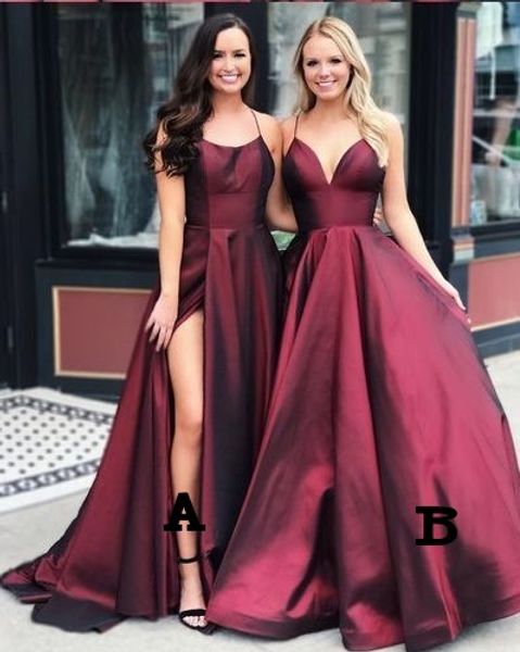Custom Made Borgonha Prom Evening Vestidos 2019 Fenda Com Decote Em V de Cetim Prom Vestido Formal Do Partido Elegante Ocasião Especial Vestido Meninas Barato Robes