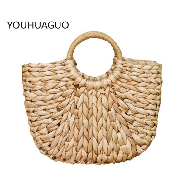 

youhuaguo simple straw handbag for girls summer beach travel hand bag half moon hand woven rattan handbags round handle bags