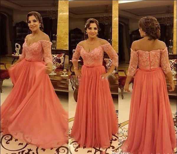 

2018 off shoulder lace prom gowns sweetheart bow belt plus size 3/4 long sleeves a line chiffom saudi arabic formal evening gowns, Black