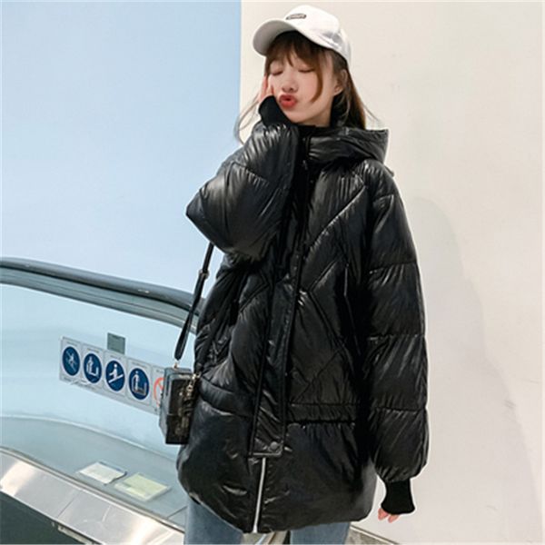 

abrigo sobre la rodilla, chaqueta larga de plumÃ³n, nueva ropa de algodÃ³n brillante invierno 2019 para mujer, Black