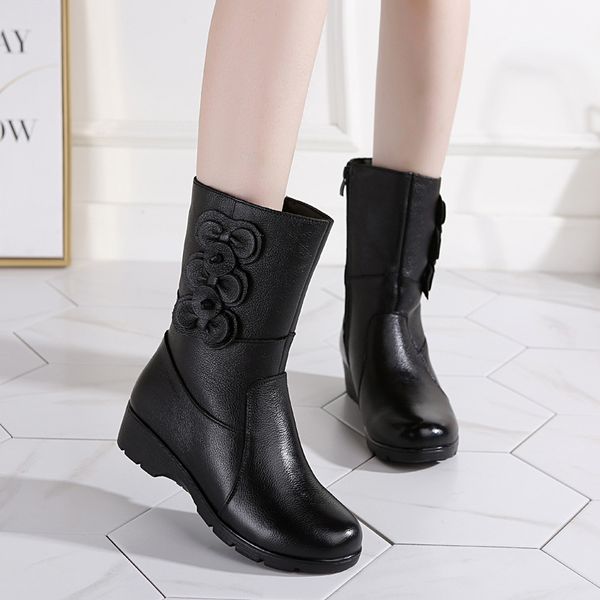 

med heel boots leather women's shoes zipper booties ladies australia round toe boots-women winter footwear plush wedge elegant, Black