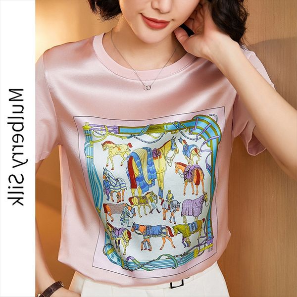 

summer 2020 printed cotton stitched silk t-shirt female round collar short sleeve loose mulberry silk half sleeve, White