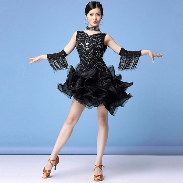 

latin dance women fringe dress&gloves&earrings competition/practice cha rumba samba salsa dance dress great gatsby, Black;red