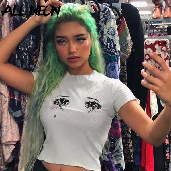 

allneon e-girl's t shirts ribbed embroidery front o-neck short sleeve ruffle hem crop tees y2k outfits punk t-shirt for women, White