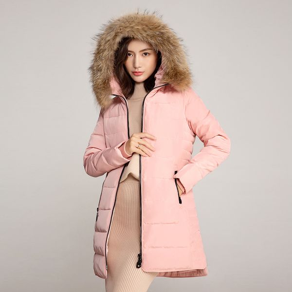 

whitepaw winter oversize down jacket mid-long down coat women natural fur collar slim fashon warm outwear hooded j1601030, Black