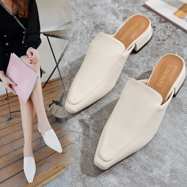 

leather mules women shallow closed toe slippers casual slip on shoes square heels slides black beige zapatos mujer loafers