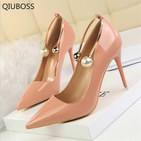 

qiuboss pearl metal buckle show thin women's sandals solid patent leather pointed toe fashion brand high heels shoes women q715, Black