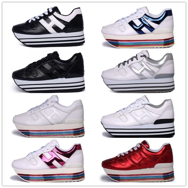 

rainbow colorful platform sneakers womens casual shoes laces genuine leather ladies shoes tenis feminino white chunky sneakers, Black