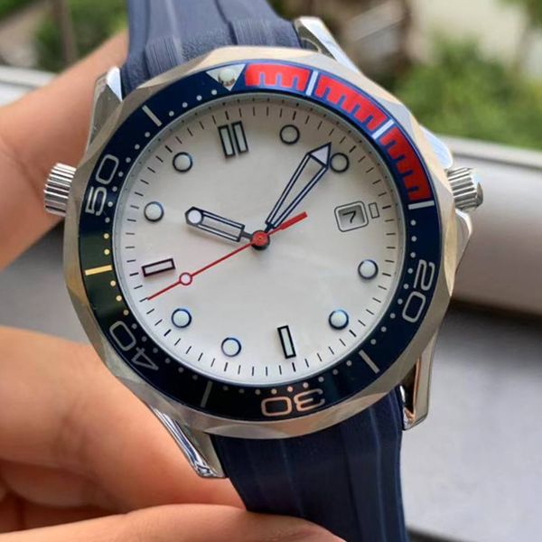 

classic mens watch professional 300m men james bond 007 black blue white dial relojes automatic movement watches rubber watch wristwatches, Slivery;brown