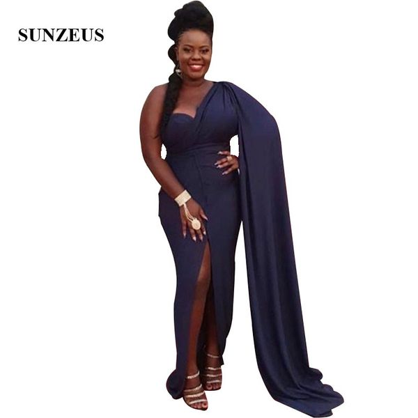 

sheath one shoulder navy blue prom dress with watteau train african women party dress with front slit, White;black