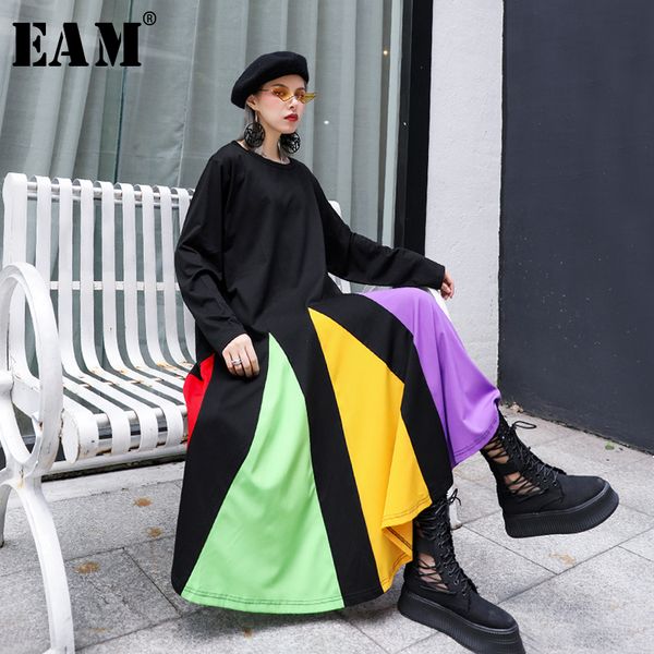 

eam] women colorful striped hem big size dress new round neck long sleeve loose fit fashion tide spring autumn 2020 1d621, Black;gray