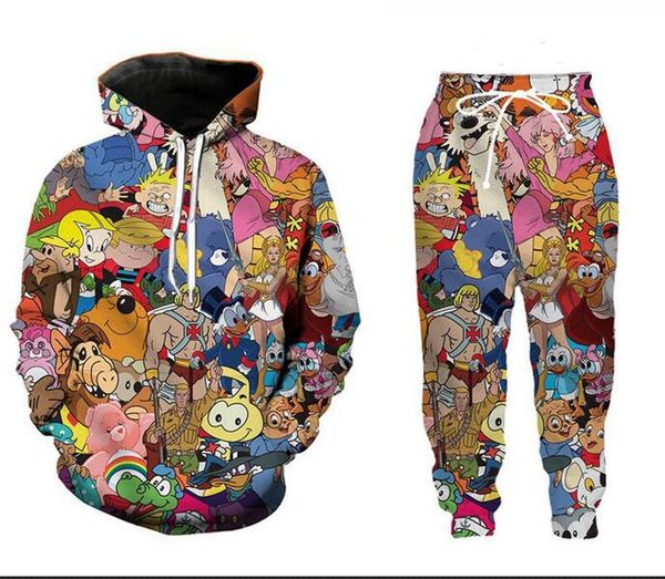 Nuovi personaggi dei cartoni animati da uomo / donna Anni '90 Divertente Stampa 3D Moda Tute Girocollo Felpa e pantaloni Hip Hop 2 pezzi Set Felpe con cappuccio