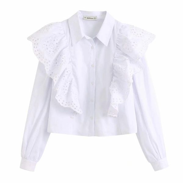 

stylish chic white hollow out ruffles short blouse women fashion turn-down collar elegant ladies buttons shirts