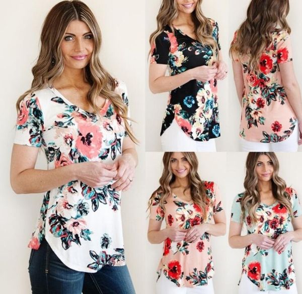 

floral irregular shirt 5 colors women flower printed short sleeve round neck t-shirt tees 10pcs ljjo6921, White