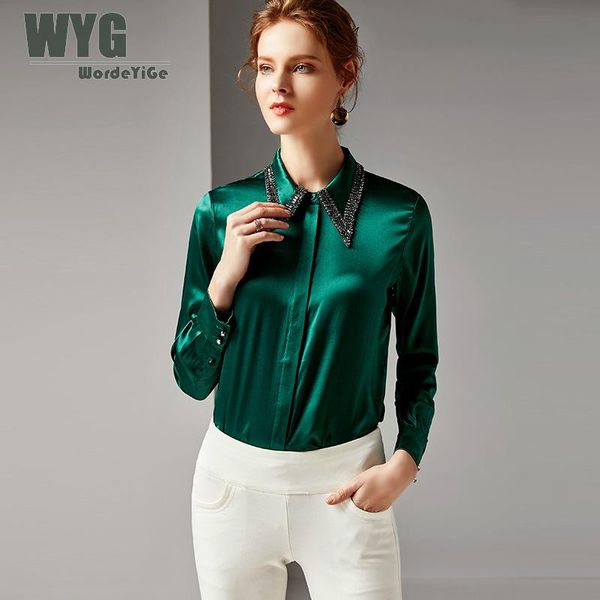 

brand thick real silk shirt 2019 spring office lady beading turn-down collar long sleeve green grey pink blouse, White