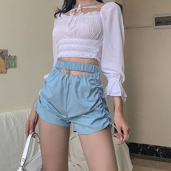 

лето женщина streetwear трек шорты высокой талия cut out side drawstring lace up днище активный wear ruched пот шорты, White;black