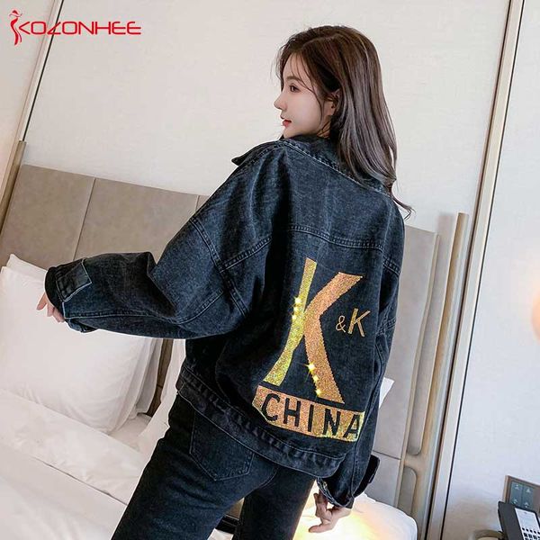 

fashion china sequined denim women jacket jean coats casual pocket long sleeve jeans jacket women coat outwear for, Black;brown