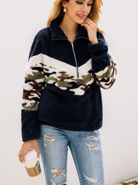 

casual sweater printed camouflage zipper pocket blouse fashion sweater, Black
