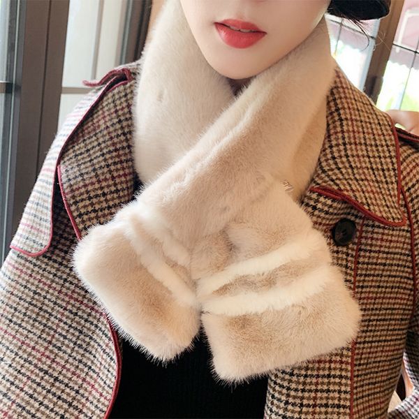 

solid striped faux fur scarf women fashion thicken warm plush neckerchief female korean comfortable autumn winter shawl, Blue;gray