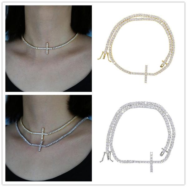 

2 colors iced out hip hop bling statement necklace with a cross paved white cz for women wedding gift 2020 new cool style, Golden;silver
