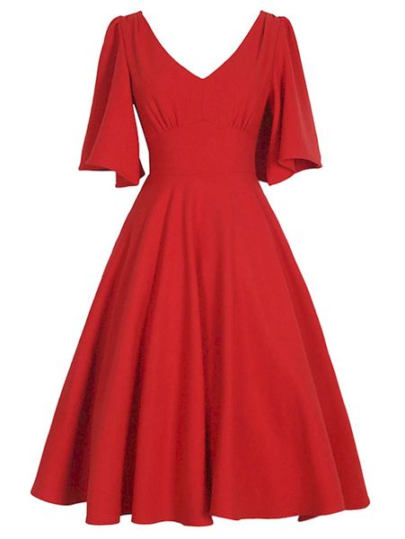 

kenancy women spring summer solid midi dress casual elegant v-neck 50s vintage party dress retro rockabilly cocktail vestidos, Black;gray