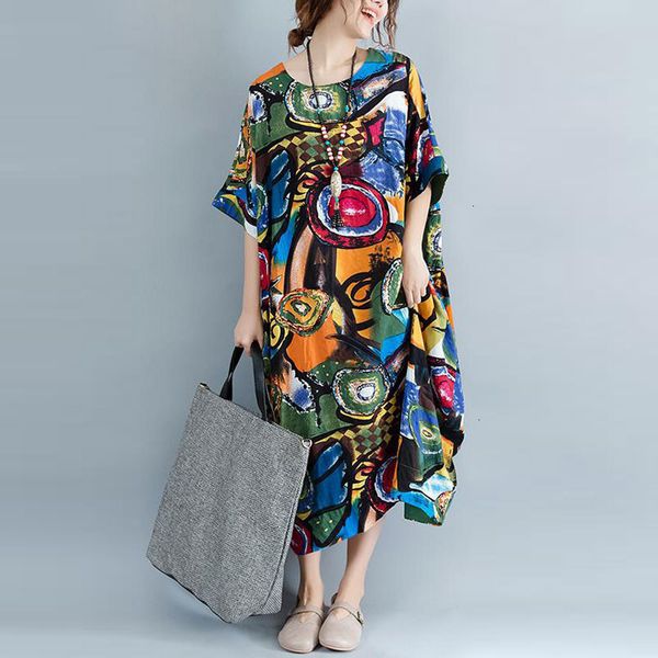 

designer dress women clothing women dress plus size summer pattern print linen colorful female batwing casual vintage large size dresses, Black;gray
