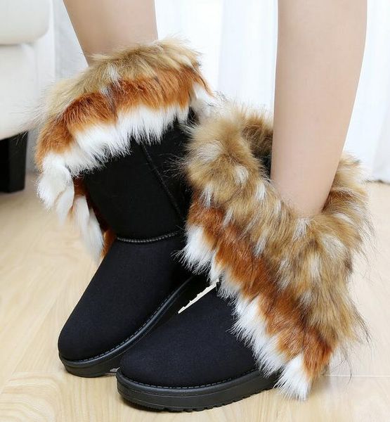 

2019 fashion fox fur warm autumn winter wedges snow women boots shoes genuinei mitation lady short boots casual long snow shoes size 36-42, Black