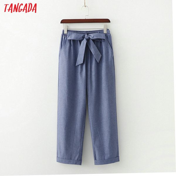 

tangada women cotton linen wide leg pants bow tie elastic waist pockets ankle length trousers female chic pantalones 1d278, Black;white