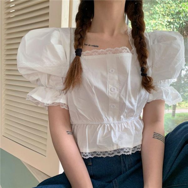 

lace up women's clothing vintage fashion sweet squqre collar pull sleeve female blouses summer crop shirts white