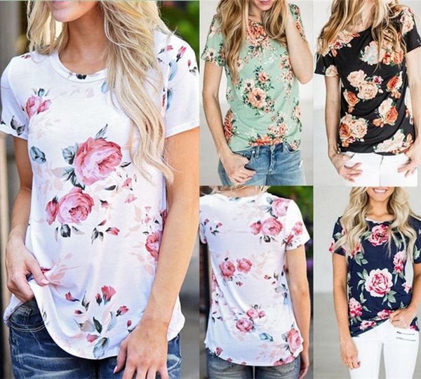 

t shirts short sleeve crew neck ladies modal apparel womens loose flora print clothing casual fashion, White