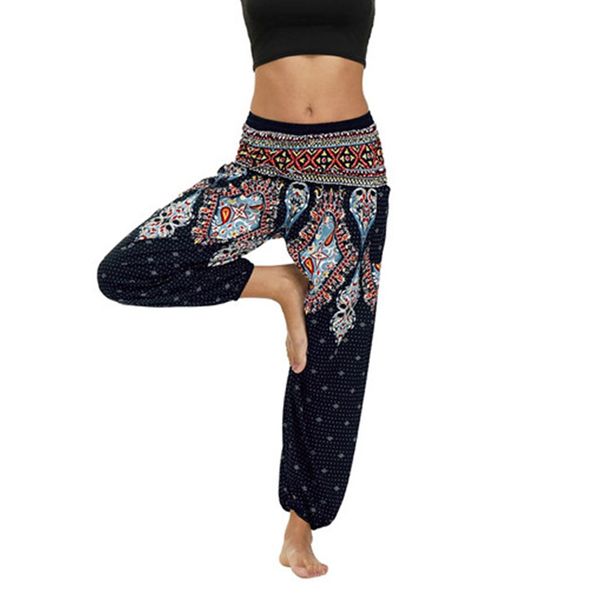 

casual loose thai harem trousers women national style festival clothing hippy smock long pants small boho print lantern pants, Black;white