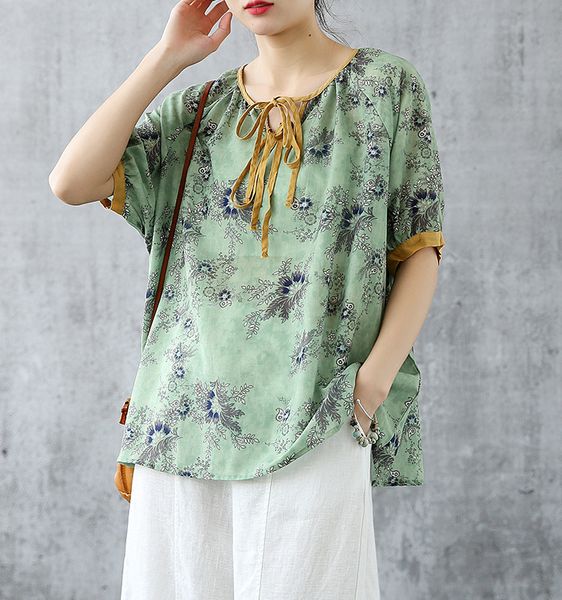 

summer new literary floral cotton women loose wild pullover shirt 3931, White