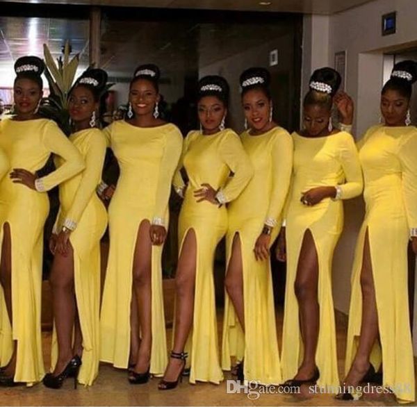 Schwarze Mädchen, gelbe afrikanische Langarm-Muslim-Brautjungfer-Kleider, lang, günstig, mit Schlitz vorne, Plus-Size-Hochzeitsgastkleid, Dwayne Wade Jersey
