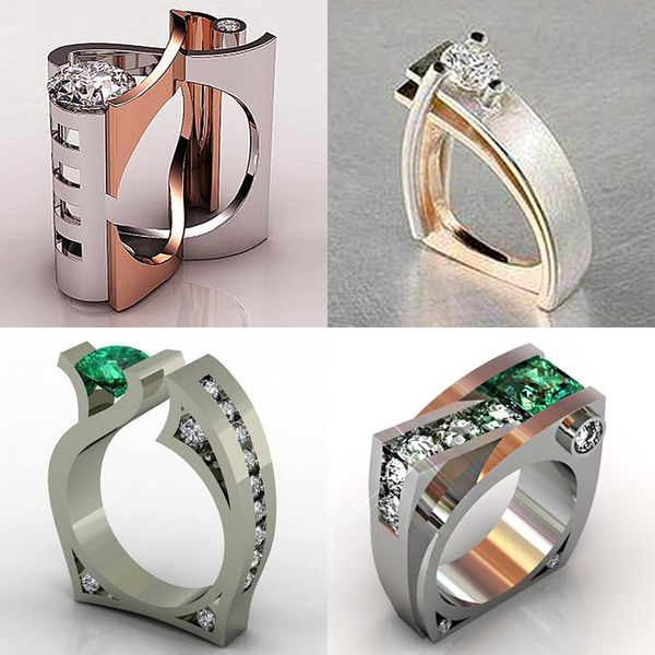 

luxury small green white zircon stone ring male female wedding band jewelry promise engagement rings for men and women, Slivery;golden