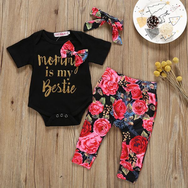 

3pcs set newborn baby girl clothes autumn kid toddler infant baby boy girl letter romper+print pants+hairband outfits set #c, White