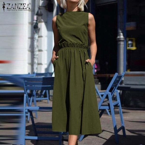 

zanzea plus size maxi long dress fashion women summer back buttons beach sundress casual o-neck sleeveless loose solid robe 7, Black;gray