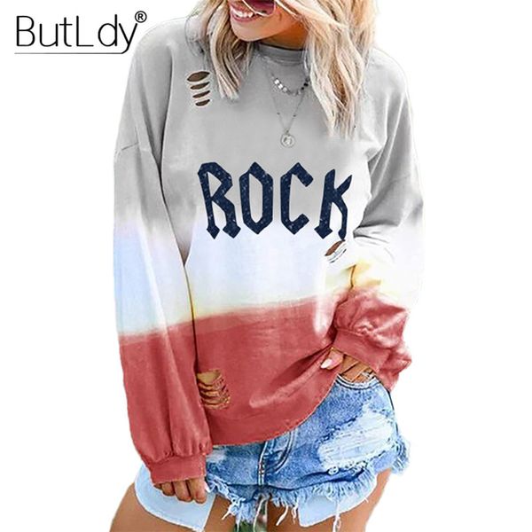 

broken hole letter rock sweatshirt women print long sleeve pullovers hoodies ladies 2019 autumn winter selling sweatshirts, Black