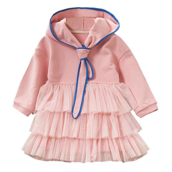 

2-6years kids hooded dress long sleeve solid patchwork tulle layered dress for girls children casual school clothes #lr3, Red;yellow