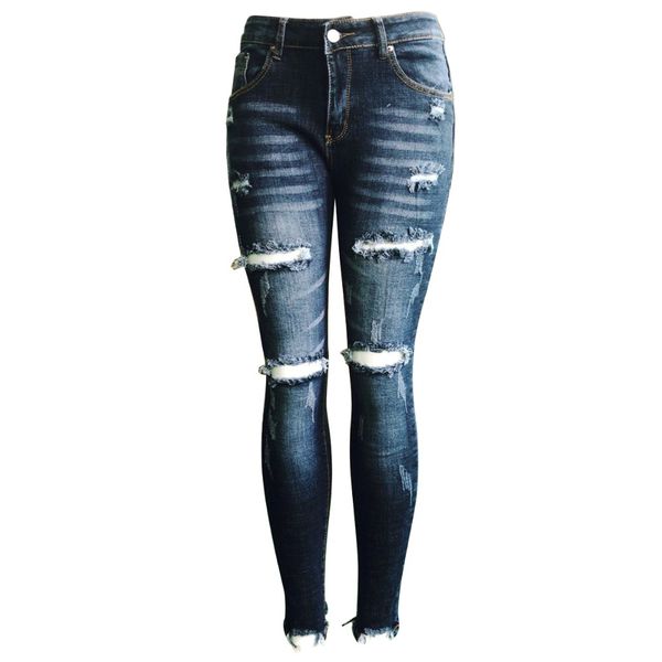 

casua button ripped pants slim ripped hole jeans long trousers blue bleach wash distressed rock denim jeans women