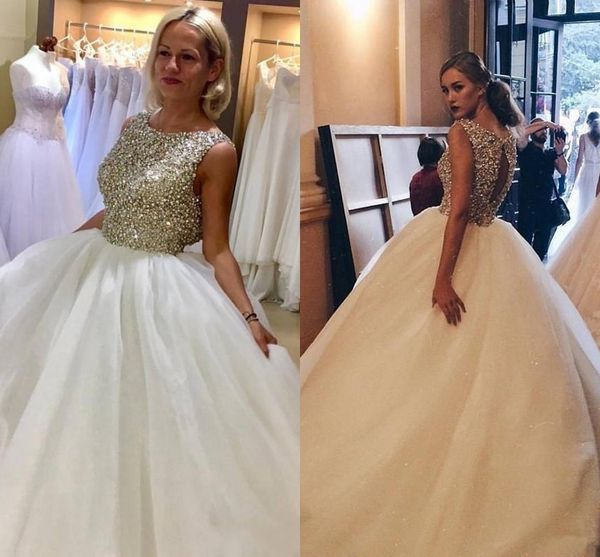 

luxurious sparkly crystals ball gown wedding dresses 2020 jewel neck puffy princess bridal gown arabic plus size vestidos de novia al5629, White