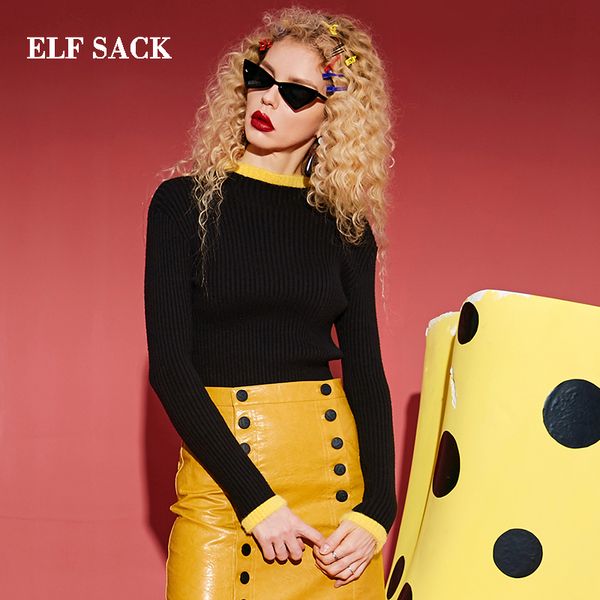

elf sack stylish woman sweater casual o-neck hand knitted patchwork women pullovers full skinny femme sweater streetwear, White;black