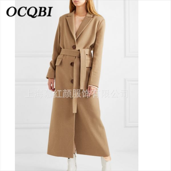 

korean elegant women cashmere long camel belt fashion designer fleece plus size coat 2019, Black