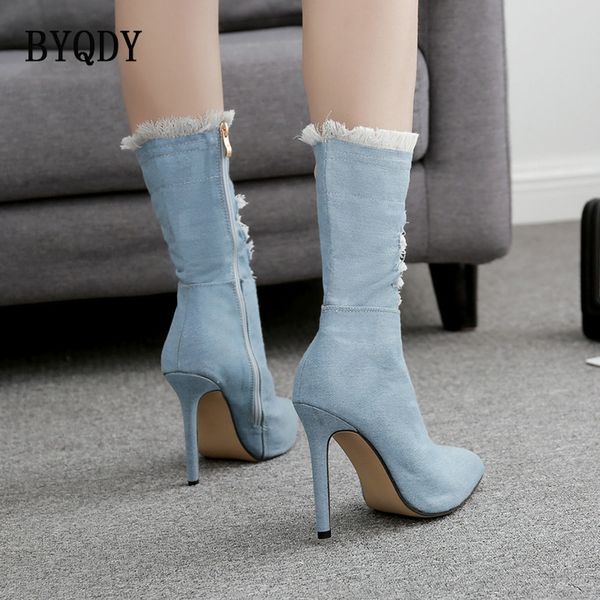 

byqdy side zipper denim boot high heels women boots holed new 2020 pointed toe lady shoes ripped spring casual heels boots 40, Black