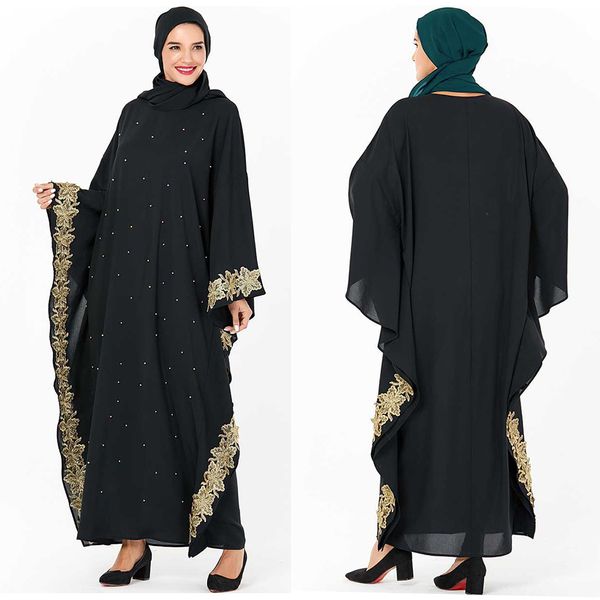 

middle eastern fashion black arabian large size robe women's embroidered beaded muslim bat sleeve dress saudi arabia ramadan dress, Red