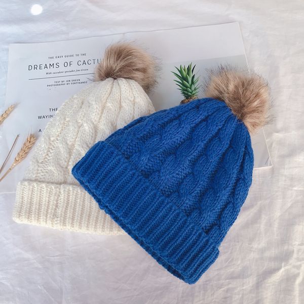 

hat women's winter korean fashion plush thickened warm knit wool hat with ball autumn and winter baotou, Blue;gray