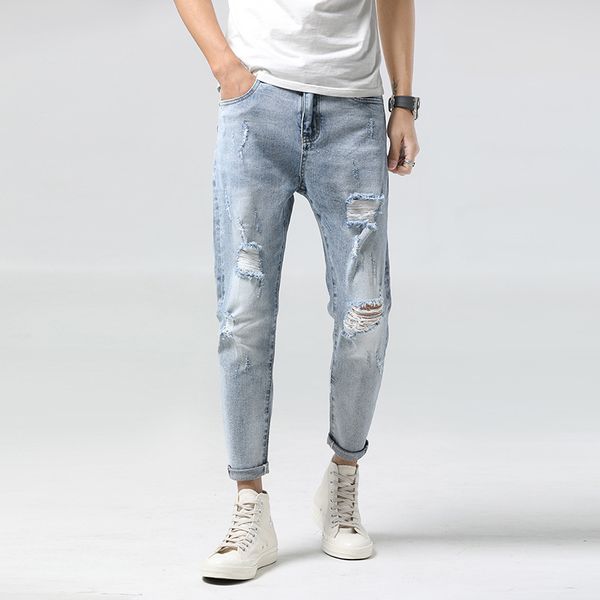 

skinny jeans men ripped holes hip hop distressed loose denim pants male casual stretchy ankle length biker jeans, Blue